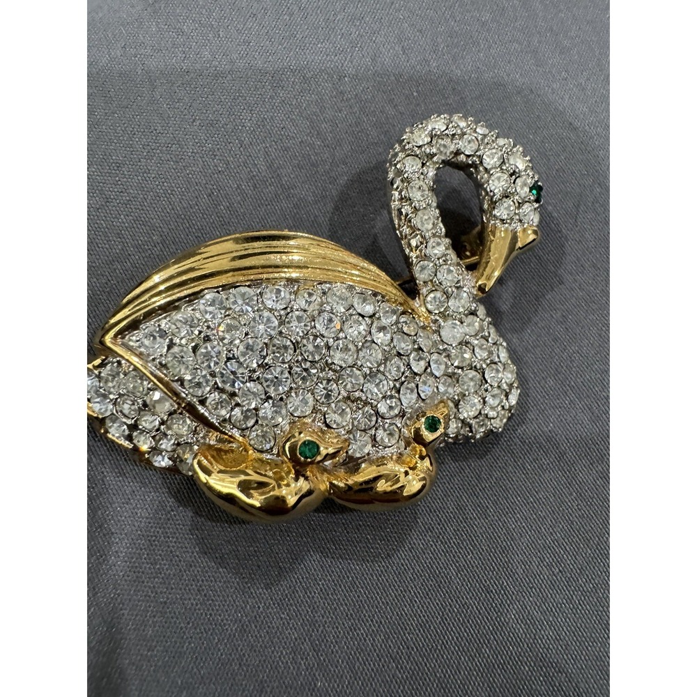 Beautiful Vtg Unmarked Love Mom Baby Swan Clear Rhinestone Brooch Pin